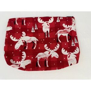 Thirty-One Red Buffalo Check Moose Zipper Pouch Travel Makeup Bag Holiday